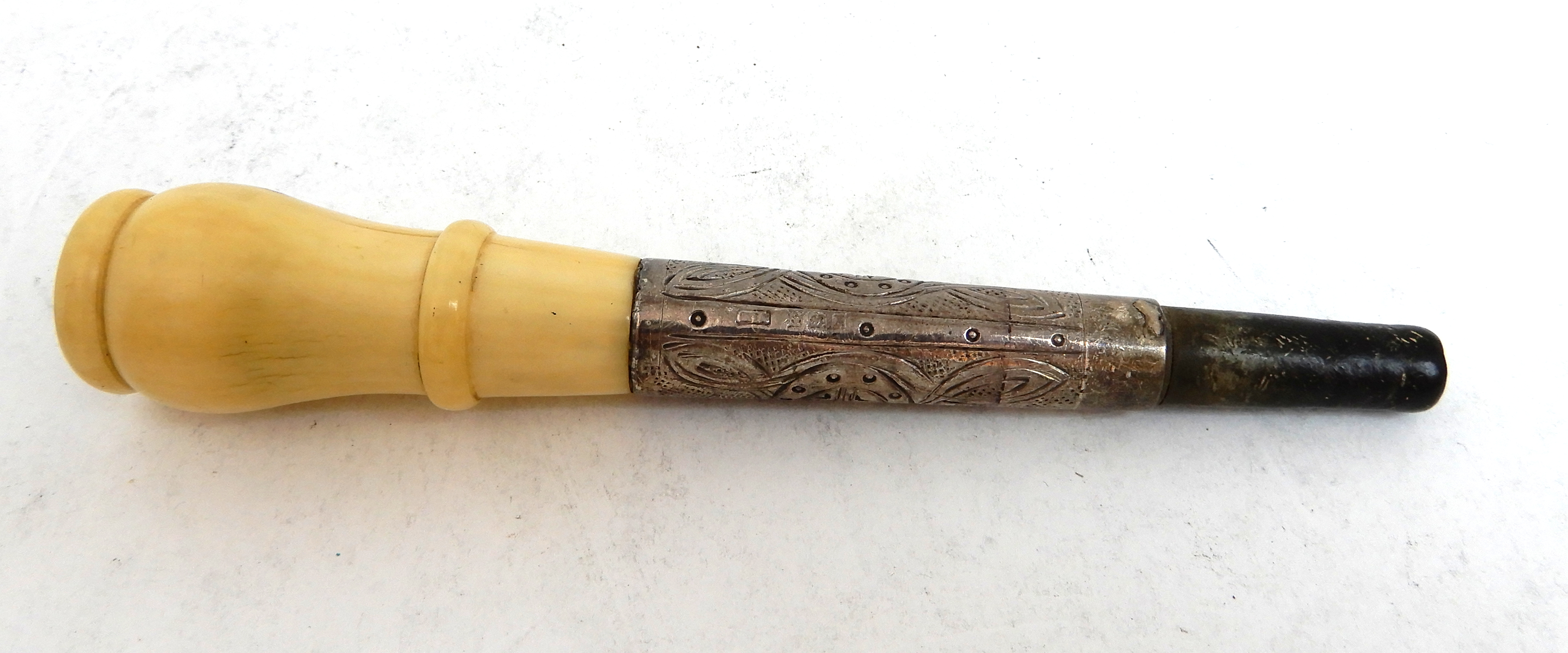 A silver and ivory bagpipe mouthpiece with celtic pattern and a thistle pattern silver bagpipe - Image 4 of 8