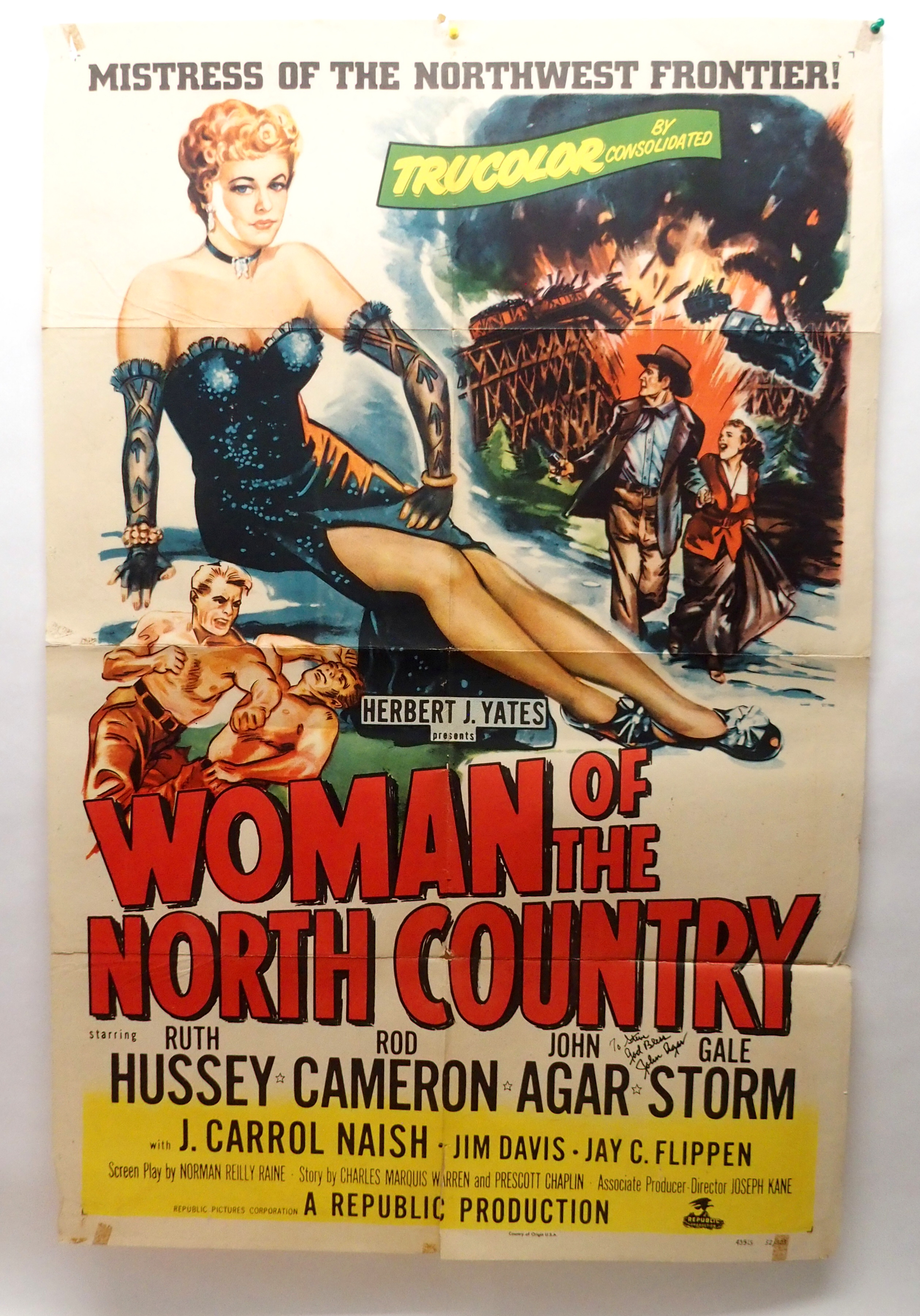 WOMAN OF THE NORTH COUNTRY movie poster, autographed and dedicated to Steve by John Agar, horizontal