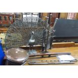 A peacock firescreen, fire tools, brass fender etc Condition Report: Available upon request