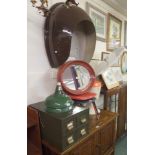 A Roneo filing cabinet, two industrial lights, mirror, pair of child's chairs, stool, wall mirror