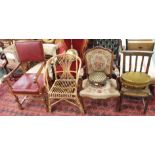 A French style armchair, an oak chair, cane chair, a chair with rush seat and two footstools (6)