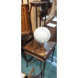 An inlaid mahogany window table, wall mirror and a mahogany plant stand (3) Condition Report: