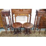 A pair of modern carved plant pedestals, 107cm high and a pair of occasional tables with brass inlay