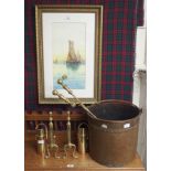A copper coal bucket, fire stools and a watercolour of fishing boats Condition Report: Available