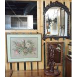 Two pastel still life's of flowers "Jill Meikle", wall mirrors, prints and a wooden carving of birds