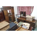 An oak wardrobe with central mirror, 200cm high x 107cm wide, dressing chest and a chest of