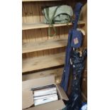 A box of records, walking sticks, brassware, fishing rods and tackle etc Condition Report: Available