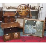 An armchair, three prints, a tray and a lidded box (6) Condition Report: Available upon request