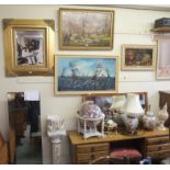 Two globes, two pictures, a ceramic jardiniere, mirror and three table lamps (9) Condition Report: