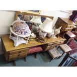 An oak dressing table with mirror,128cm high x 162cm wide, matching dressing stool and a pair of two