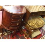 A small mahogany demi-lune three drawer chest, foot stool, and an oak footstool (3) Condition