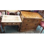 A walnut side table with drop flaps and a walnut two over three chest of drawers, 76cm high x 80cm