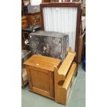 A metal trunk, bedside cabinet shelves and a wall display cabinet (4) Condition Report: Available