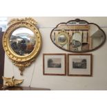 A Gilt wall mirror (def), Doune castle print, Fingask castle print and a wall mirror (4) Condition