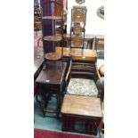 A small oak gateleg table, oak nest of tables, armchair and a cake stand (4) Condition Report: