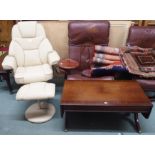 A cream vinyl swivel chair with matching stool and a mahogany coffee table (3) Condition Report: