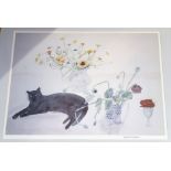 ELIZABETH BLACKADDER Still life with cat, signed, print, 60 x 78cm Condition Report: Available