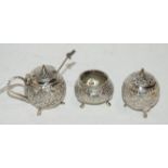 A three piece Burmese white metal condiment set Condition Report: Available upon request