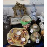 A pair of cloisonne urns and covers, a Doulton character jug, two SPode cabinet cups and saucers,