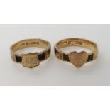 A 9ct gold hair mourning ring dated Chester 1911, size Q, and a further example with heart motif,