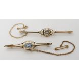 A 15ct gold aquamarine and pearl bar brooch length 6.7cm, together with a similar brooch with