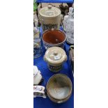 A stoneware bread and flour crock, a studio pottery bowl and a blue and white jardiiere Condition