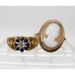 A 9ct gold sapphire and diamond retro flower ring size O1/2, together with a 9ct cameo ring, size