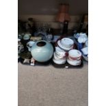 A Karlsruhe crackle celadon glaze vase, crystal dishes, Wedgwood Mayfield tablewares, pottery