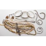 Three silver engraved bangles, silver curb link bracelets, Italian agate set earrings etc