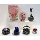 A Murano glass paperweight, four others, and two glass vases Condition Report: Available upon