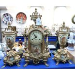 A French enamel clock garniture with printed decoration of couples Condition Report: Available
