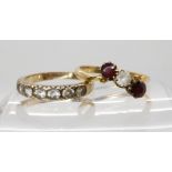 An 18ct gold garnet and clear gem three stone ring size Q, weight 2.6gms, together with a 9ct gold
