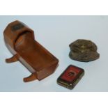 A Mauchlineware cradle, miniature illustrated bible and coin purse with pigs head Condition