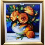 MARY GALLAGHER Roses in a vase, signed, oil on board, 40 x 36cm Condition Report: Available upon