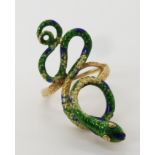 A bright yellow metal enamelled snake ring stamped 750, size M, (enamel af) weight 5.8gms