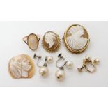 A 9ct mounted cameo brooch, a further example in yellow metal, 9ct pearl earrings and a ring mount