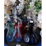 A Cowdy Glass vase, a pair of large wine glasses marked Bristol, blue glass ships decanter etc