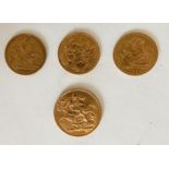A gold full sovereign, 1920, with three gold half sovereigns, 1894, 1908 and 1909 (4) Condition