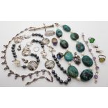 Large turquoiise beads, a silver and hematite necklace with makers mark KIT, silver and amethyst
