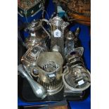 A tray lot of EP - claret jug, tea service, toastrack, castors etc Condition Report: Available