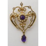 A 9ct amethyst and pearl Edwardian pendant brooch, length 4.2cm, weight 4.7gms Condition Report:
