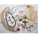 A pair of silver gem set starfish, a gem set silver bangle, silver blue gem set necklet, items of