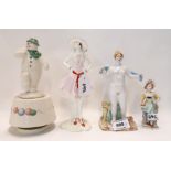 A Royal Doulton musical Snowman figure, another figure Minnie, a Russian figure and a Sitzendorf