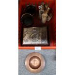 A silver topped wooden box, a pair of copper pot, a dish and ornaments Condition Report: Not