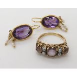 A 9ct gold amethyst and pearl ring size O1/2, weight 3gms, together with a pair od 18ct gold