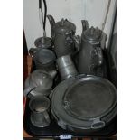 A tray lot of pewter including pots, tankards and smaller box of pewter Condition Report: