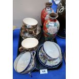 A pair of Cloisonne vases, satsuma cups and saucers, and other cups and saucers Condition Report: