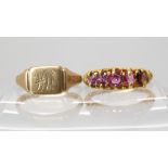 An 18ct gold scroll mount ring set with pink gems, size L1/2 weight 2.8gms, and a 9ct gold signet
