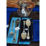 A lot comprising cased fish servers, a cased pair of berry spoons and a hot water pot Condition