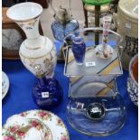 An Art Deco glass and chrome cake stand, a blue glass decanter bottle and other glassware